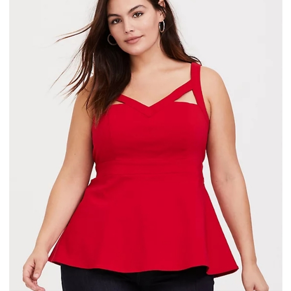 torrid Tops - RED BENGALINE CUTOUT PEPLUM TOP